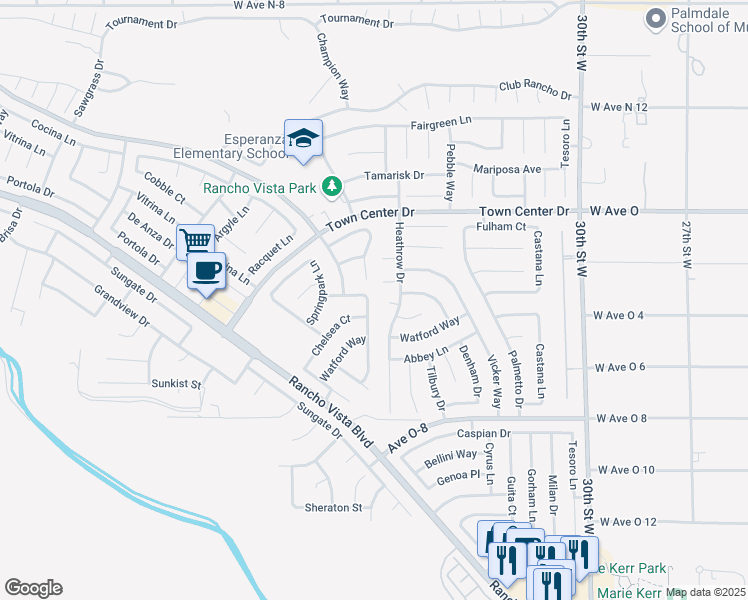 map of restaurants, bars, coffee shops, grocery stores, and more near 40250 Vista Ridge Drive in Palmdale