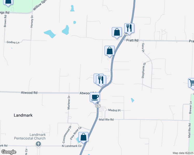 map of restaurants, bars, coffee shops, grocery stores, and more near 3421 Minerva Lane in Little Rock