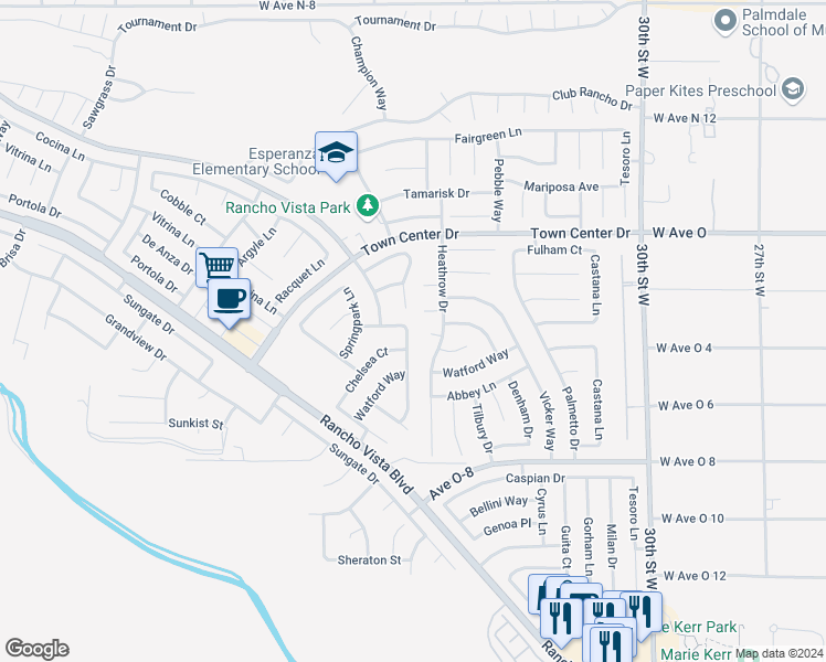 map of restaurants, bars, coffee shops, grocery stores, and more near 40250 Vista Ridge Drive in Palmdale