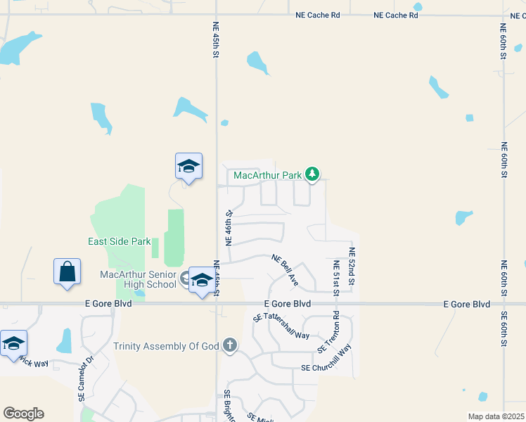 map of restaurants, bars, coffee shops, grocery stores, and more near 4715 Northeast Macarthur Circle in Lawton