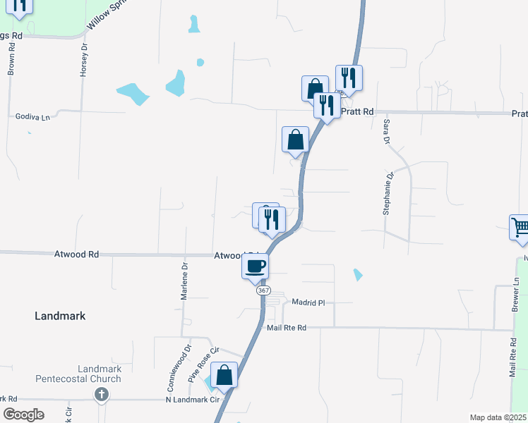 map of restaurants, bars, coffee shops, grocery stores, and more near 3421 Minerva Lane in Little Rock