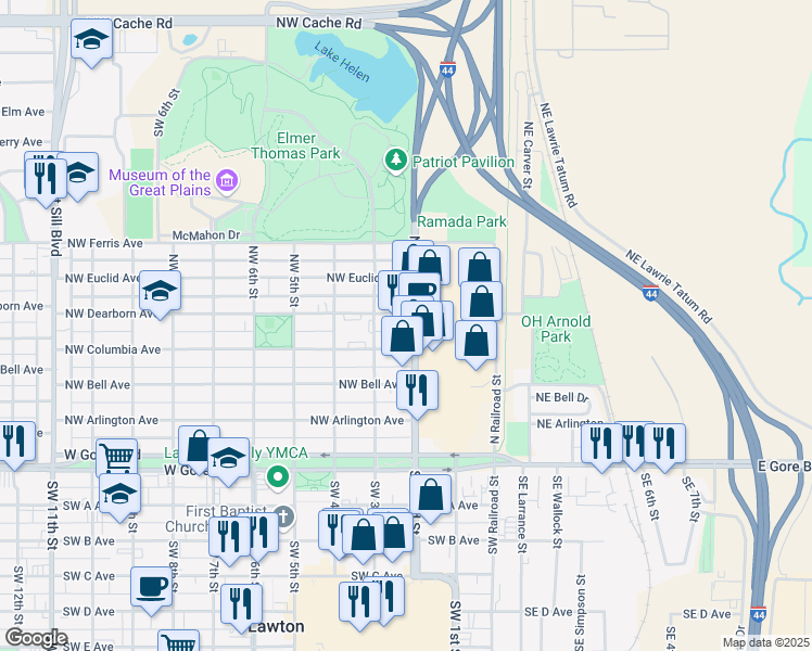 map of restaurants, bars, coffee shops, grocery stores, and more near 201-213 Northwest Dearborn Avenue in Lawton