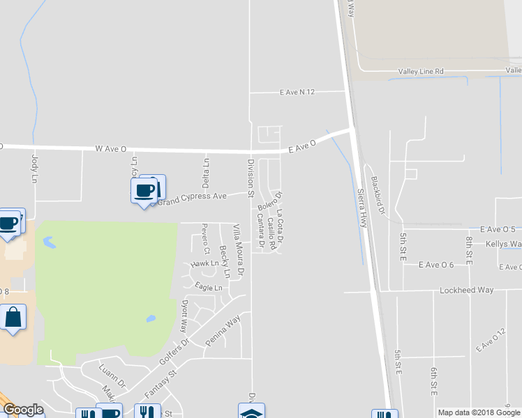 map of restaurants, bars, coffee shops, grocery stores, and more near 40214 Cantara Drive in Palmdale