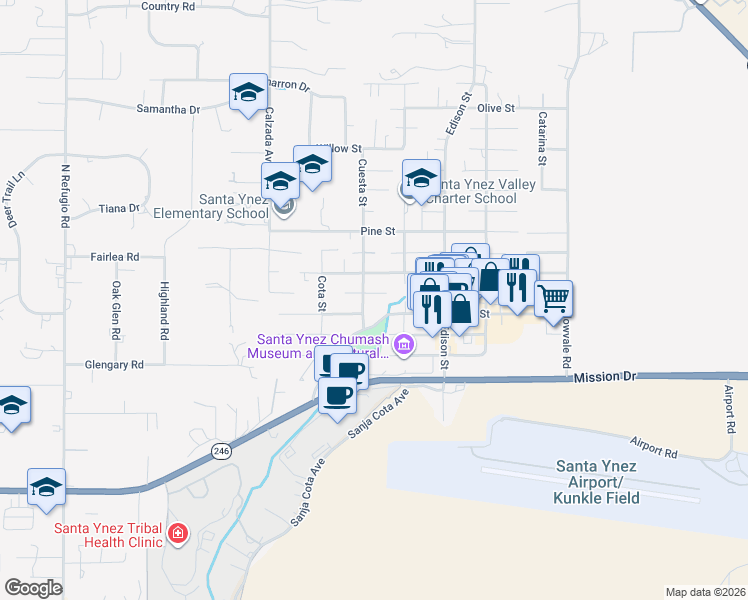 map of restaurants, bars, coffee shops, grocery stores, and more near 3420 Manzana Street in Santa Ynez