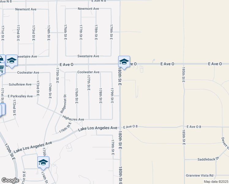 map of restaurants, bars, coffee shops, grocery stores, and more near 179th Street East in Palmdale