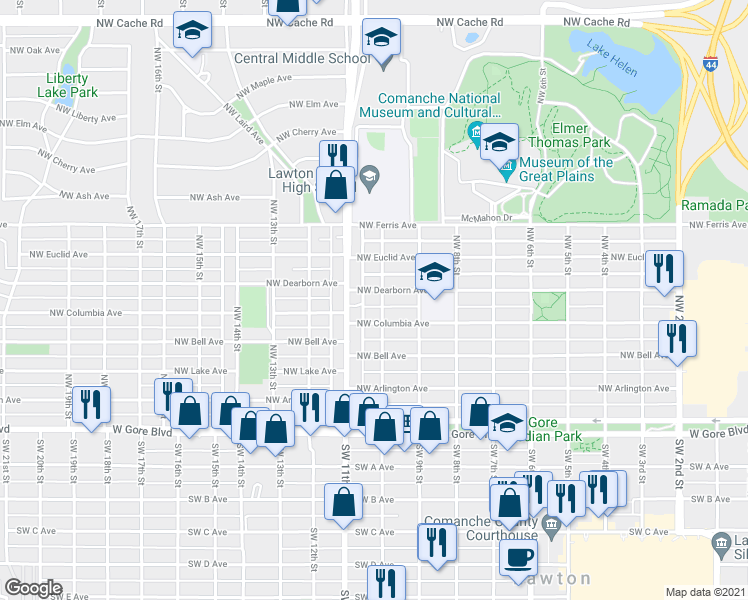 map of restaurants, bars, coffee shops, grocery stores, and more near 1004 Northwest Dearborn Avenue in Lawton