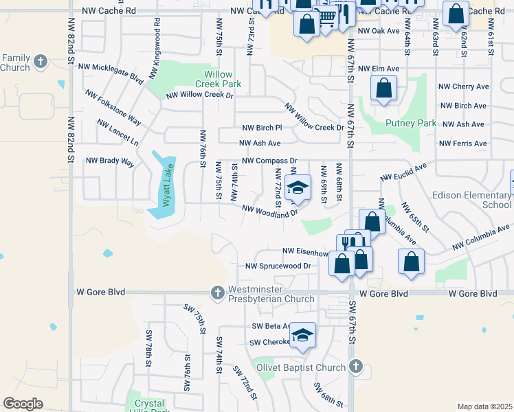 map of restaurants, bars, coffee shops, grocery stores, and more near 7302-7398 Northwest 73rd Place in Lawton
