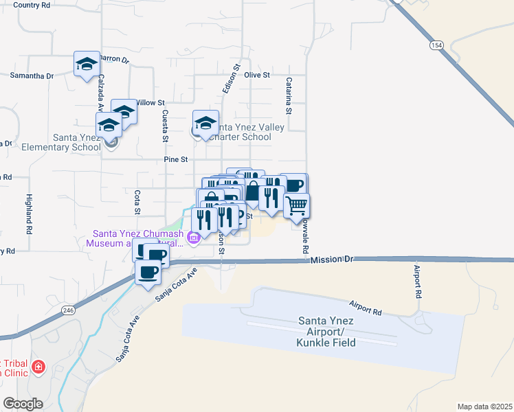 map of restaurants, bars, coffee shops, grocery stores, and more near in Santa Ynez