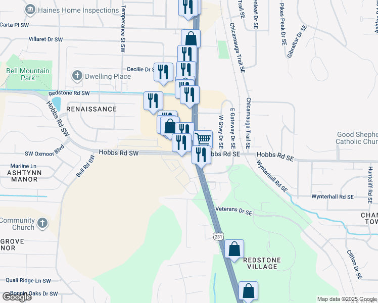 map of restaurants, bars, coffee shops, grocery stores, and more near 11850-11898 Memorial Parkway Southwest in Huntsville