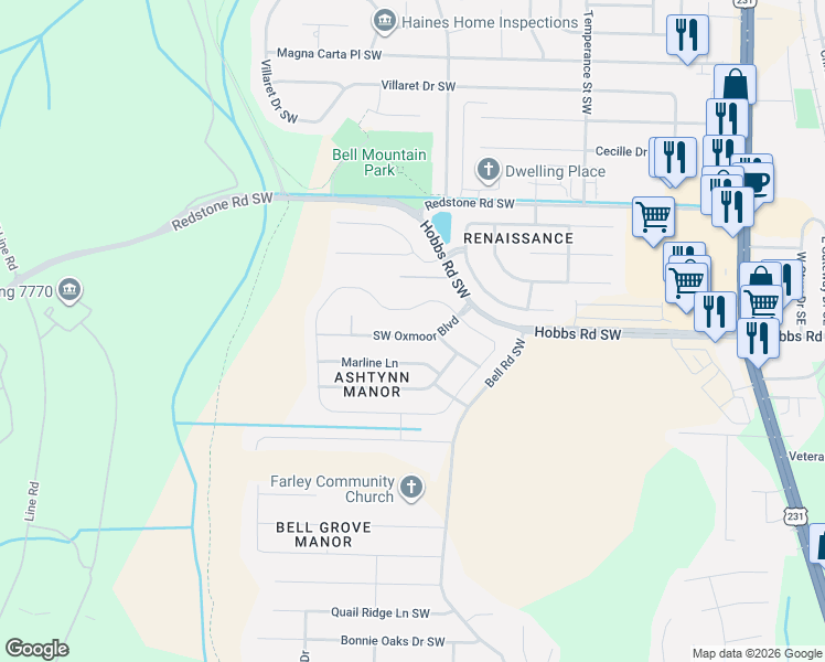 map of restaurants, bars, coffee shops, grocery stores, and more near 2758 Slate Drive Southwest in Huntsville