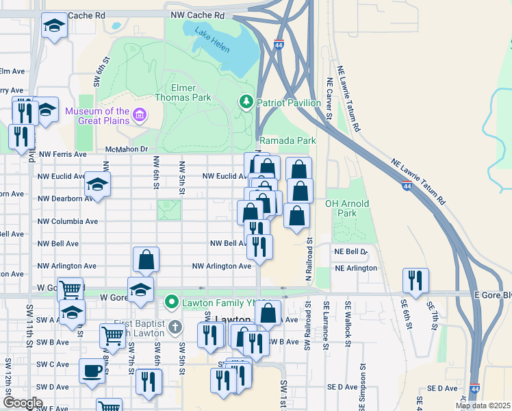 map of restaurants, bars, coffee shops, grocery stores, and more near 201-213 Northwest Dearborn Avenue in Lawton