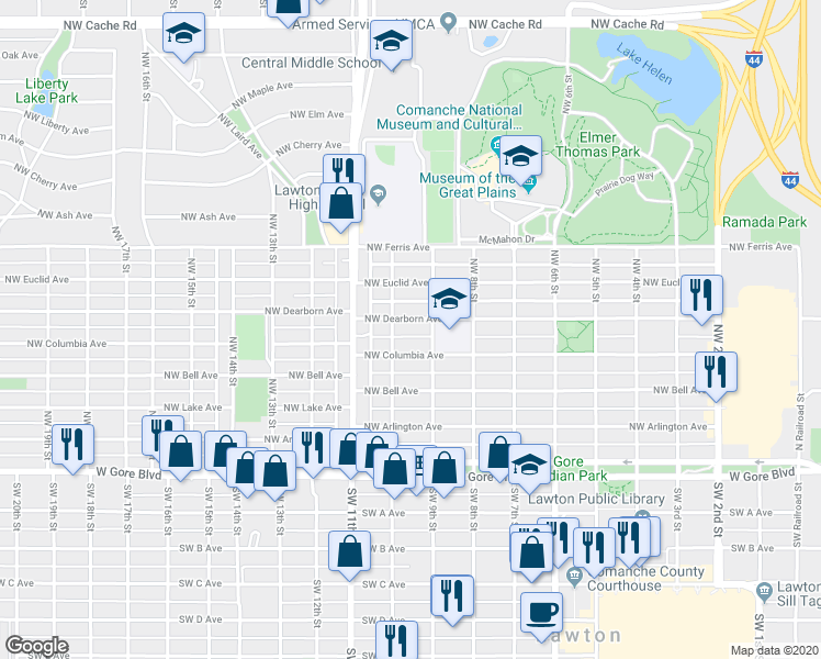 map of restaurants, bars, coffee shops, grocery stores, and more near 915 Northwest Dearborn Avenue in Lawton