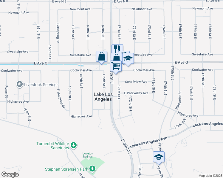 map of restaurants, bars, coffee shops, grocery stores, and more near 170th Street East in Lake Los Angeles