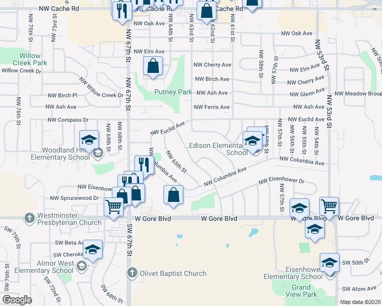 map of restaurants, bars, coffee shops, grocery stores, and more near 343 Northwest 62nd Street in Lawton