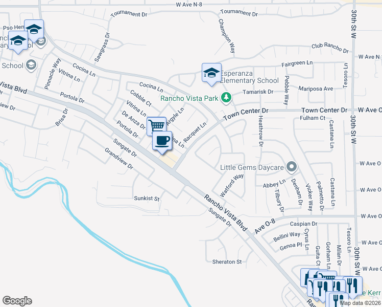map of restaurants, bars, coffee shops, grocery stores, and more near 40271 Preston Road in Palmdale