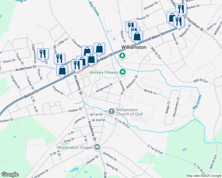 map of restaurants, bars, coffee shops, grocery stores, and more near 7 Gossett Street in Williamston