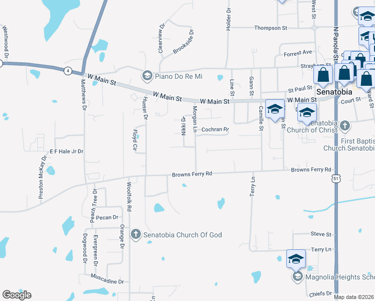 map of restaurants, bars, coffee shops, grocery stores, and more near 404 Bruce Street in Senatobia