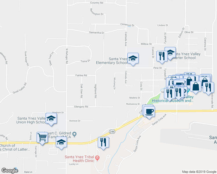 map of restaurants, bars, coffee shops, grocery stores, and more near 1189 Mustang Drive in Santa Ynez