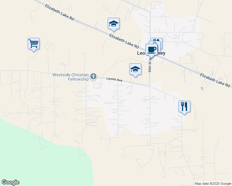 map of restaurants, bars, coffee shops, grocery stores, and more near 40215 92nd Street West in Leona Valley