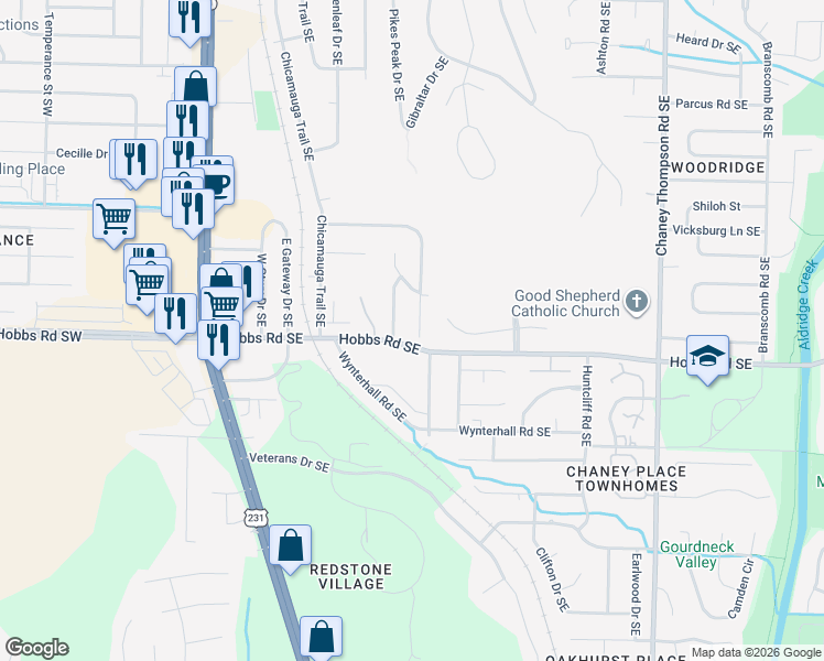 map of restaurants, bars, coffee shops, grocery stores, and more near 564 Farmingdale Road Southeast in Huntsville
