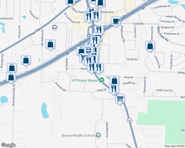 map of restaurants, bars, coffee shops, grocery stores, and more near 109 Roya Lane in Bryant
