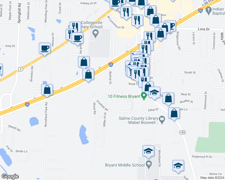 map of restaurants, bars, coffee shops, grocery stores, and more near Bishop Drive in Bryant
