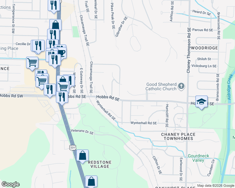 map of restaurants, bars, coffee shops, grocery stores, and more near 564 Farmingdale Road Southeast in Huntsville