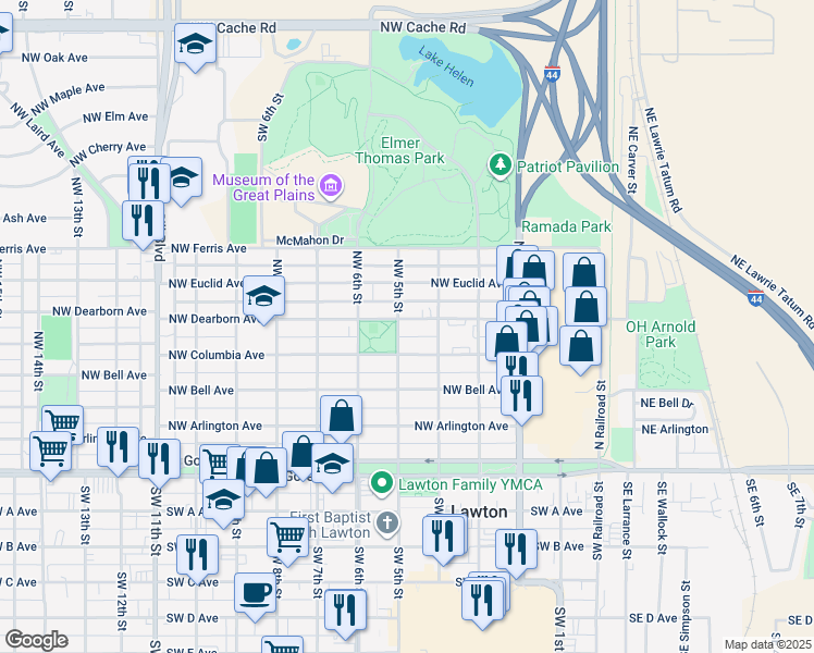 map of restaurants, bars, coffee shops, grocery stores, and more near 501 Northwest Dearborn Avenue in Lawton