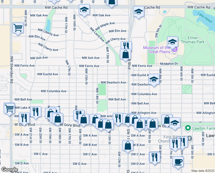 map of restaurants, bars, coffee shops, grocery stores, and more near 1215 Northwest Dearborn Avenue in Lawton