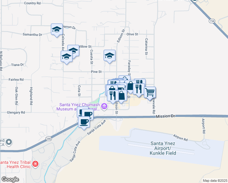 map of restaurants, bars, coffee shops, grocery stores, and more near 3520 Tivola Street in Santa Ynez