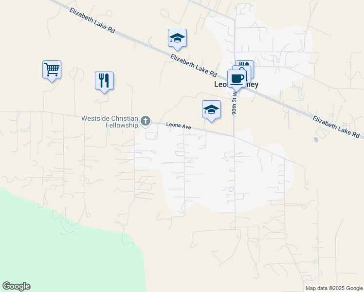 map of restaurants, bars, coffee shops, grocery stores, and more near 40222 92nd Street West in Leona Valley