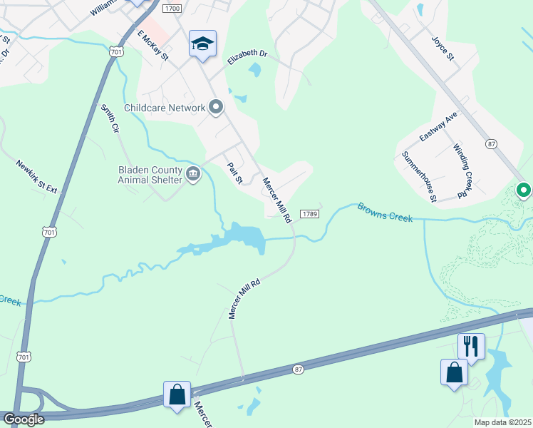 map of restaurants, bars, coffee shops, grocery stores, and more near 958 Mercer Mill Road in Elizabethtown