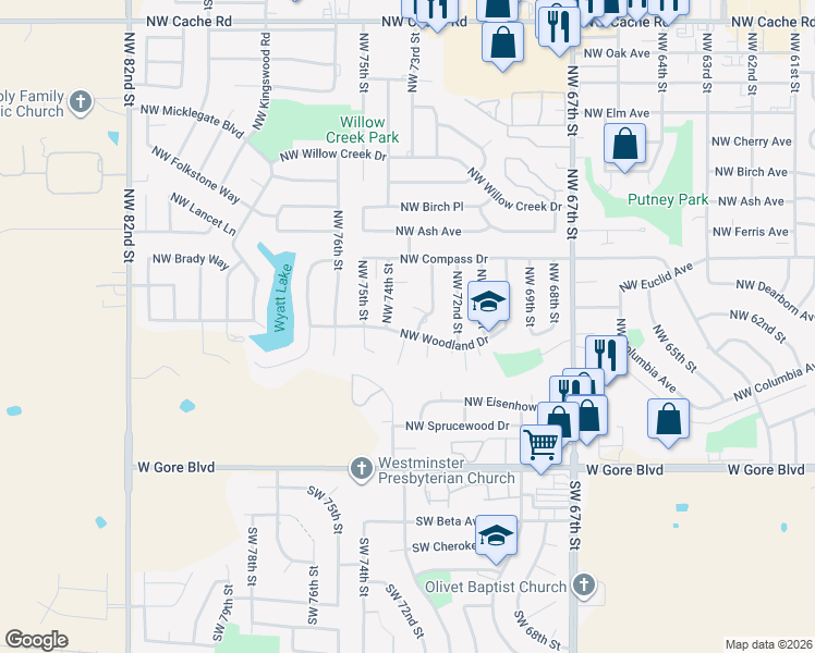 map of restaurants, bars, coffee shops, grocery stores, and more near 7302-7398 Northwest 73rd Place in Lawton