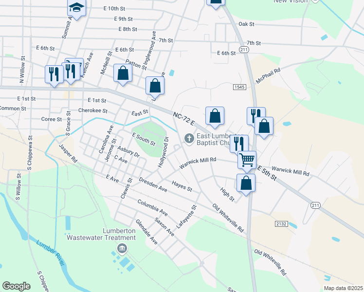 map of restaurants, bars, coffee shops, grocery stores, and more near 100 Hargrave Street in Lumberton