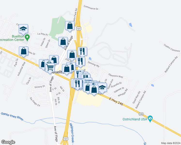 map of restaurants, bars, coffee shops, grocery stores, and more near 332 Valley Vineyard Circle in Buellton