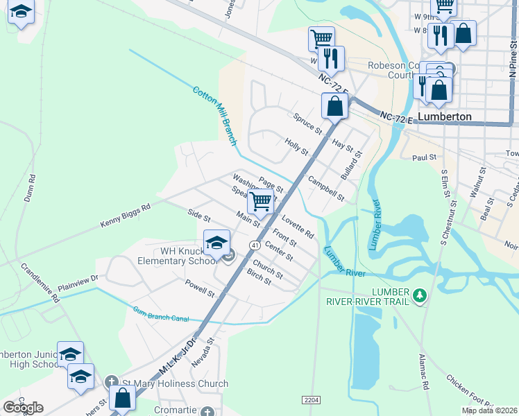 map of restaurants, bars, coffee shops, grocery stores, and more near 114 Spearman St in Lumberton