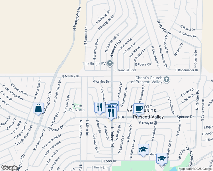 map of restaurants, bars, coffee shops, grocery stores, and more near 8173 East Ashley Drive in Prescott Valley
