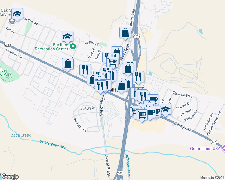 map of restaurants, bars, coffee shops, grocery stores, and more near 355 Glennora Way in Buellton