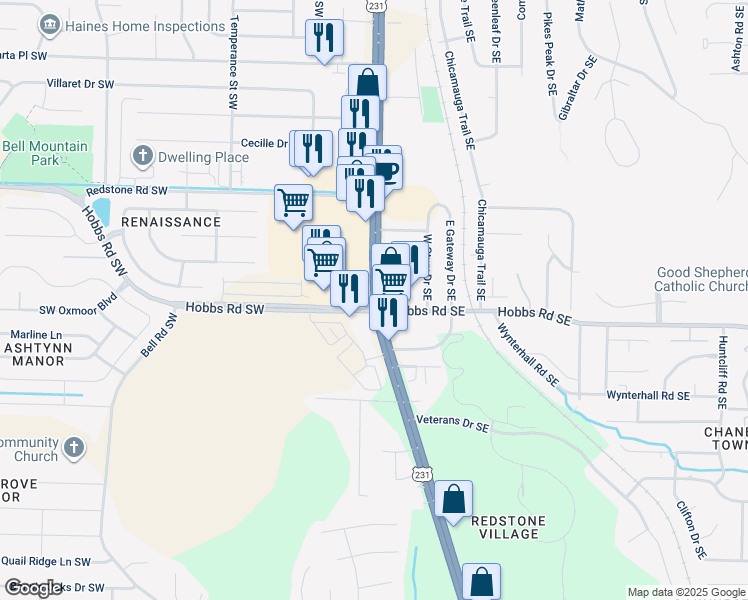 map of restaurants, bars, coffee shops, grocery stores, and more near 11850 Memorial Parkway Southwest in Huntsville