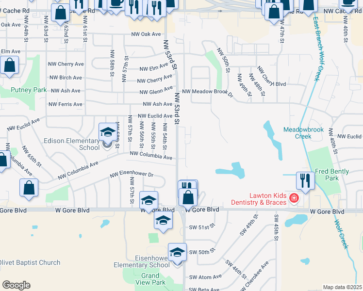 map of restaurants, bars, coffee shops, grocery stores, and more near 417 Northwest 53rd Street in Lawton
