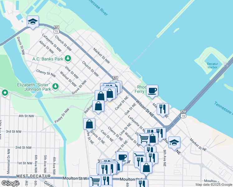 map of restaurants, bars, coffee shops, grocery stores, and more near 807 Bank Street Northeast in Decatur