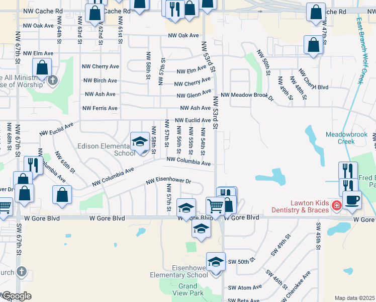map of restaurants, bars, coffee shops, grocery stores, and more near 408 Northwest 55th Street in Lawton