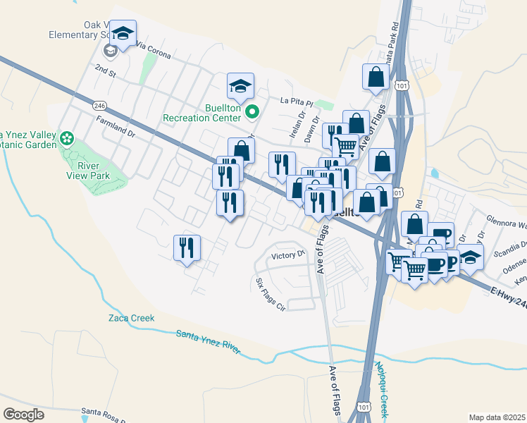 map of restaurants, bars, coffee shops, grocery stores, and more near 53 Valley Station Circle in Buellton