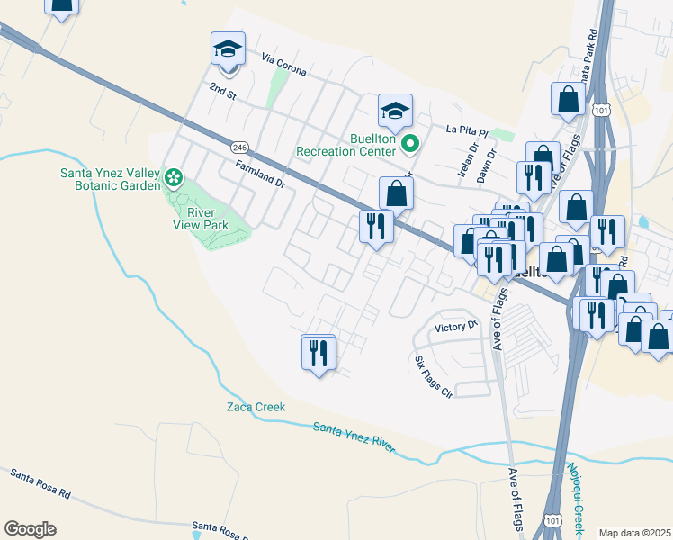 map of restaurants, bars, coffee shops, grocery stores, and more near 330 West Highway 246 in Buellton