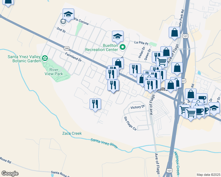 map of restaurants, bars, coffee shops, grocery stores, and more near 153 Industrial Way in Buellton