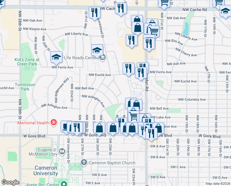 map of restaurants, bars, coffee shops, grocery stores, and more near 2609 Northwest Columbia Avenue in Lawton