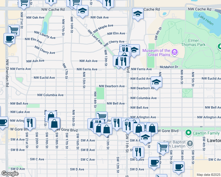 map of restaurants, bars, coffee shops, grocery stores, and more near 1215 Northwest Dearborn Avenue in Lawton