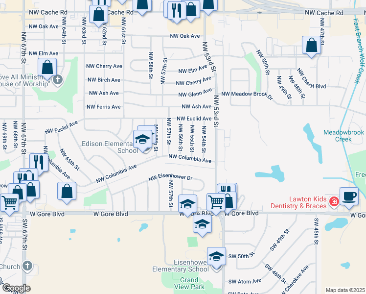 map of restaurants, bars, coffee shops, grocery stores, and more near 407 Northwest 56th Street in Lawton