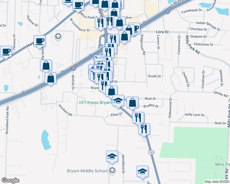 map of restaurants, bars, coffee shops, grocery stores, and more near 2028 Evans Loop in Bryant