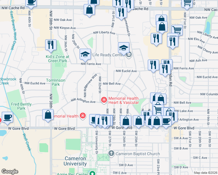 map of restaurants, bars, coffee shops, grocery stores, and more near 305 Northwest 31st Street in Lawton